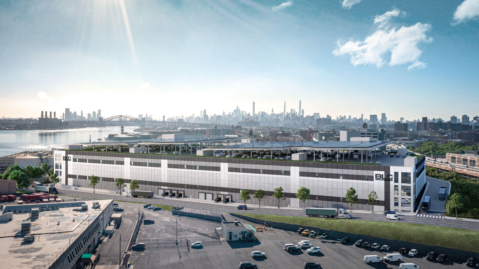 Bronx Logistics Center building with covered rooftop parking