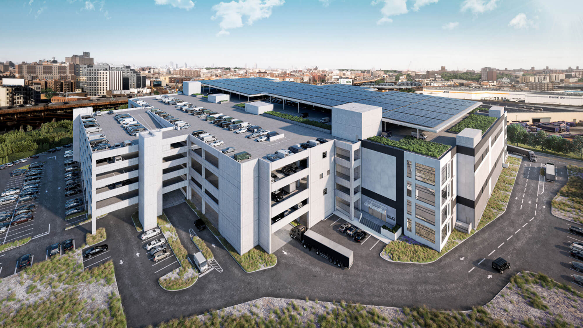 Aerial view of Bronx Logistics Center with rooftop parking