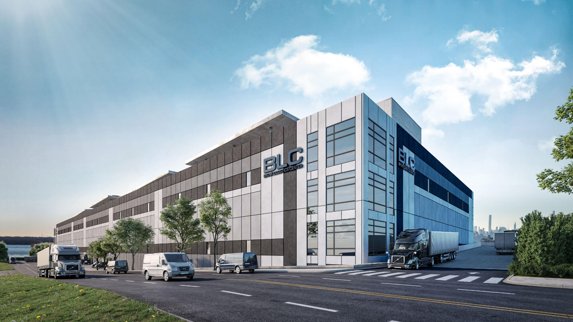 Front entrance of Bronx Logistics Center with semi-trucks